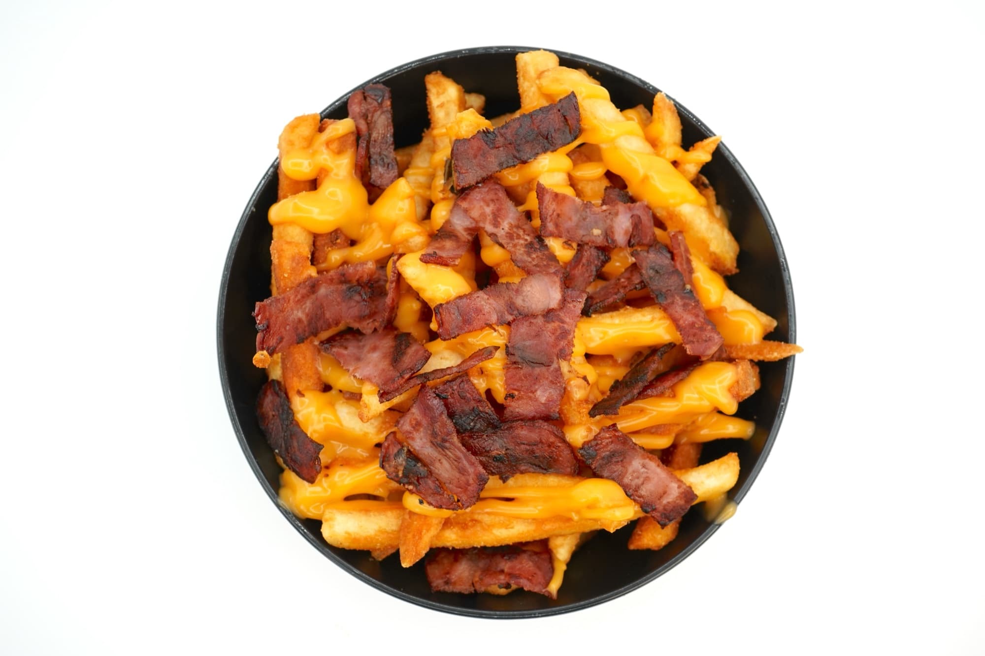 A tray of Moe'z bacon cheese fries, ready for a catering spread